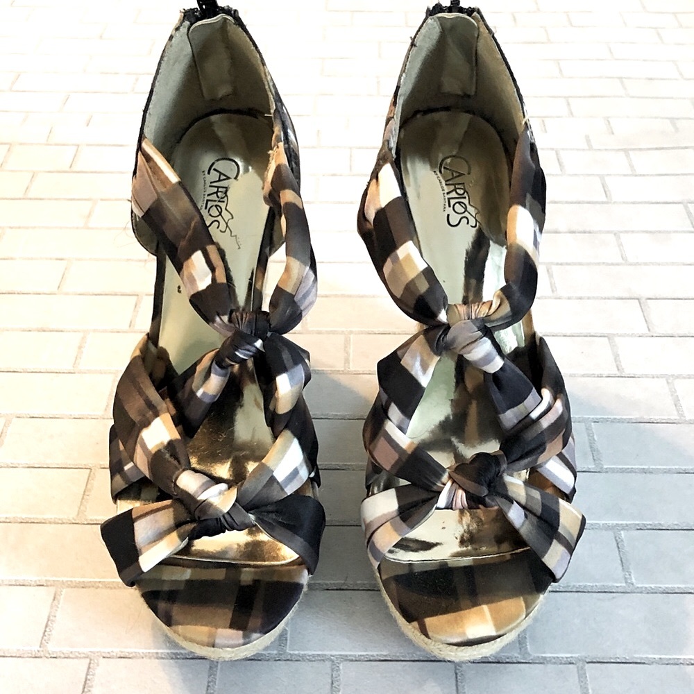 Carlos by Carlos Santana Black Plaid Knot Wedge Sandals